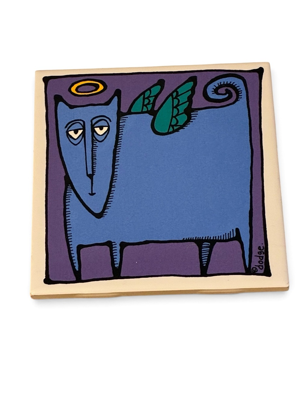 Vintage Ursula Dodge Signature Housewares Ceramic Trivet Blue Winged Cat Tile